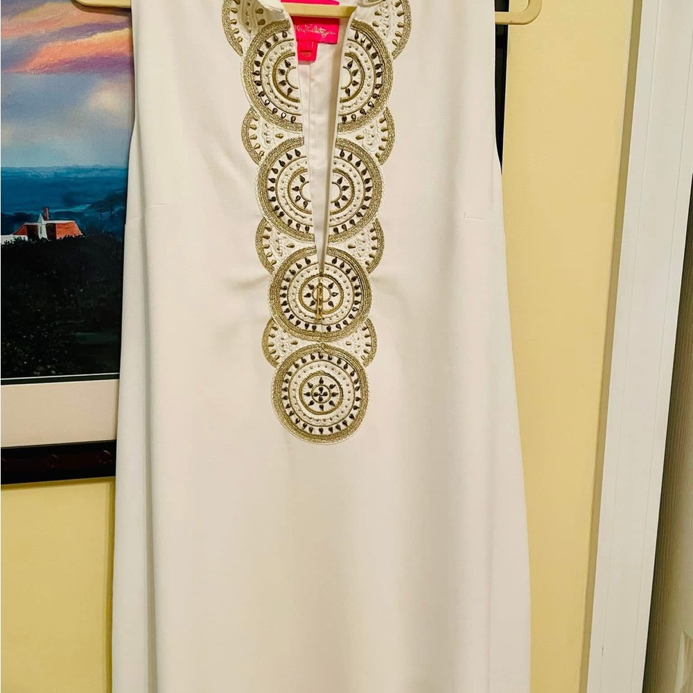 Lilly Pulitzer White and Gold Sequin Embellished Jane shift dress